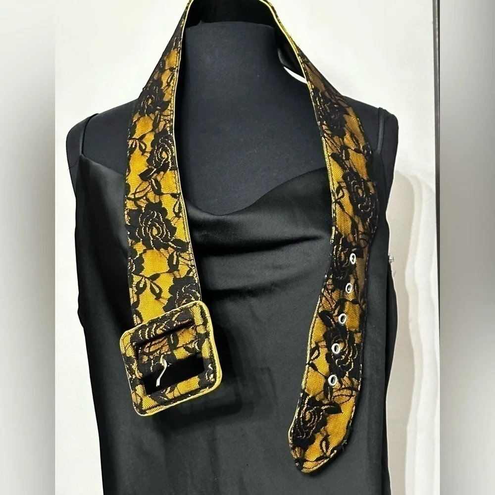 Artisan Belt Fabric Gold & Black Floral Lace Wide Faux Leather Boudoir 34